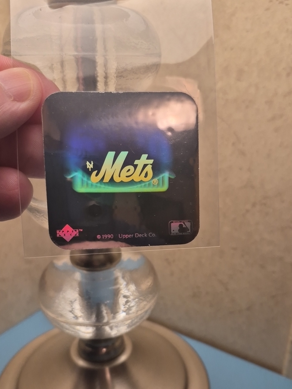 Mets 1990 Holographic Sticker Badge - Black Background with Green/Gold Logo